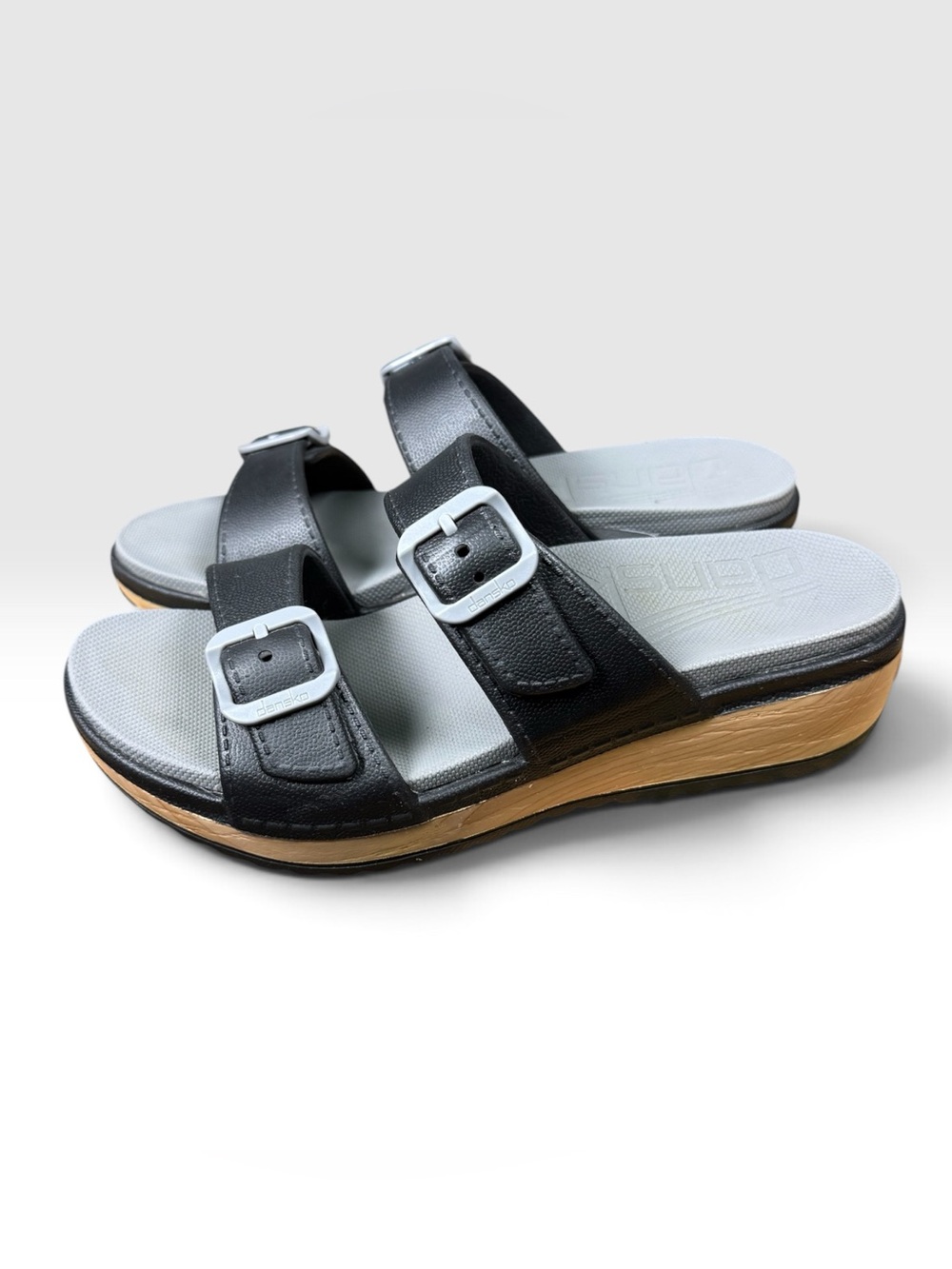 Dansko Double Buckle Slide Sandals Women 39 Black Gray Comfort Wedge